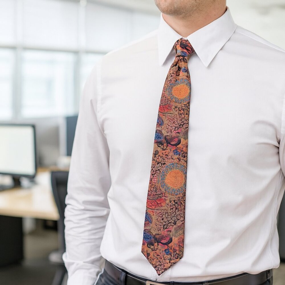 Thai Silk Men Abstract 100% Pure Silk Tie Blue & Peach Necktie Made in Thailand